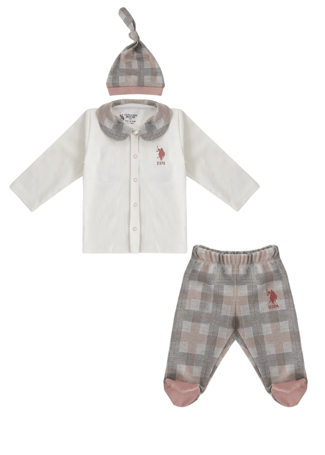 AnneBebe - Set 3 Piese pentru Fetite, Bluza Crem cu Guler, Pantaloni si Fes in Carouri Roz 1673 Us Polo Assn