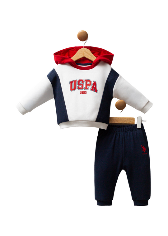 Trening 2 Piese Hanorac cu Gluga Alb cu Rosu si Bleumarin si Pantaloni Lungi Bleumarin USB2565 Us Polo Assn