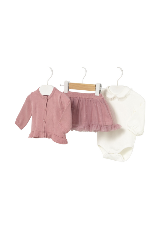 3 Piece Set Powder Pink Glitter Cardigan Tutu and Cream Bodysuit 2830 Mayoral
