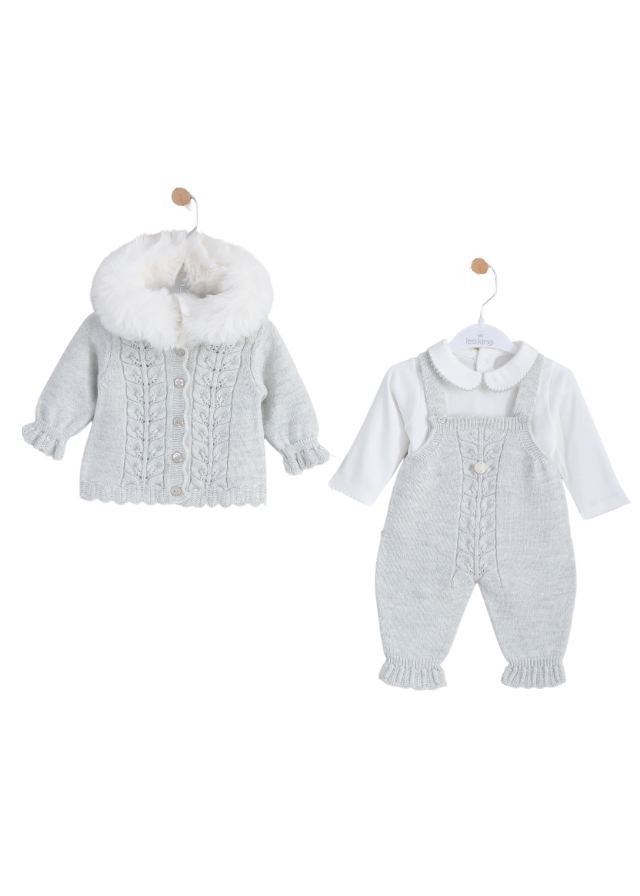 Set 3 Piese Salopeta Gri Lana Merinos Cardigan si Body din Bumbac Alb 9333 Leo King