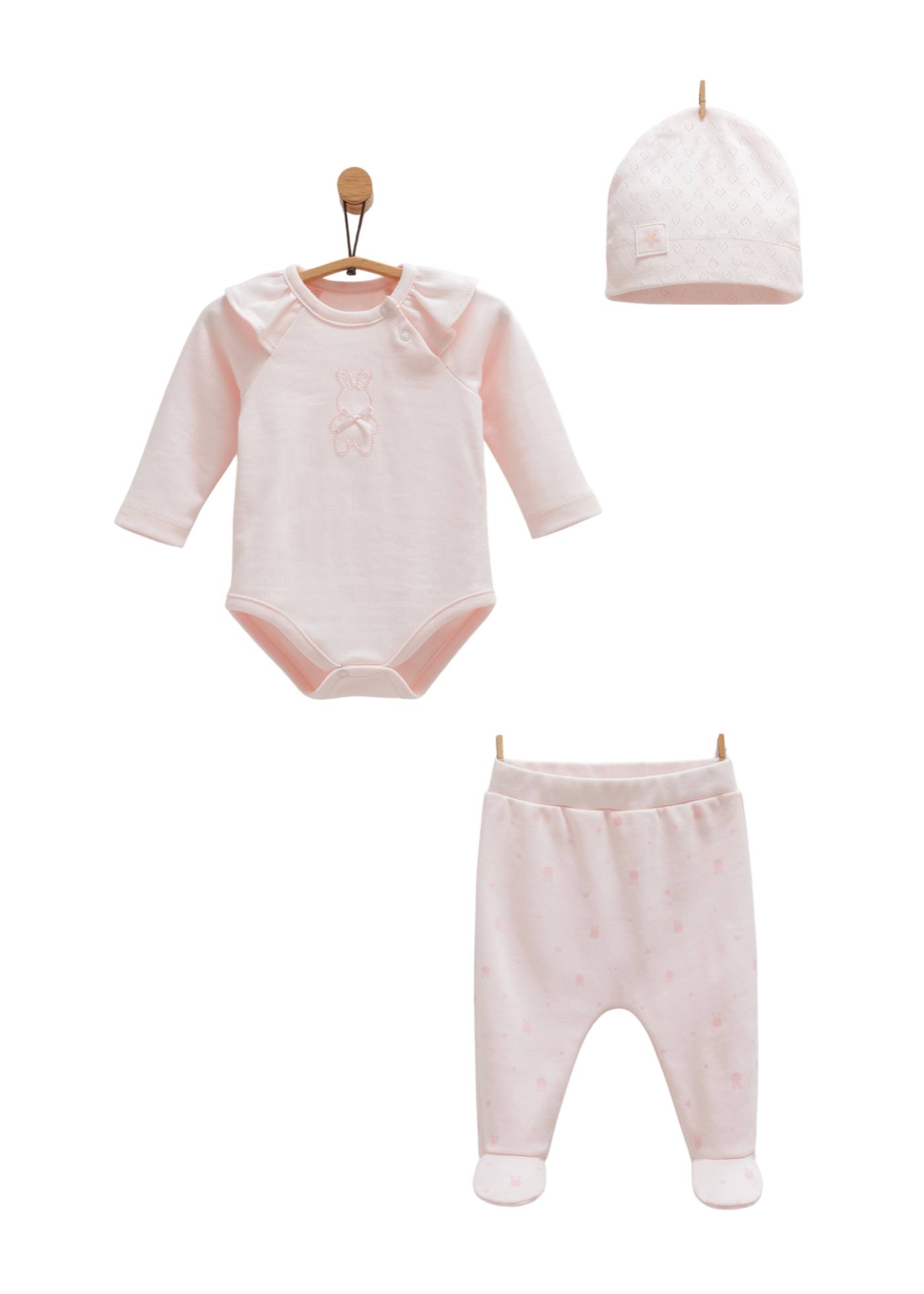 Set 3 Piese Body cu Maneca Lunga, Pantaloni Lungi cu Picior si Fes Roz cu Iepure BPS1488 Mell Sweet Baby