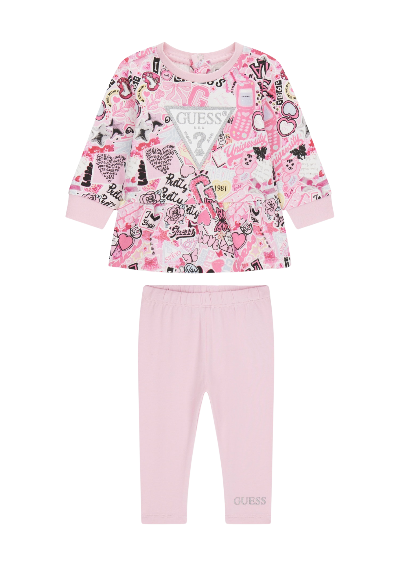 Set 2 Piese Bluza Roz cu Imprimeu Colaj si Colanti Lungi Roz A5YG01 KA6R4 P9HZ Guess