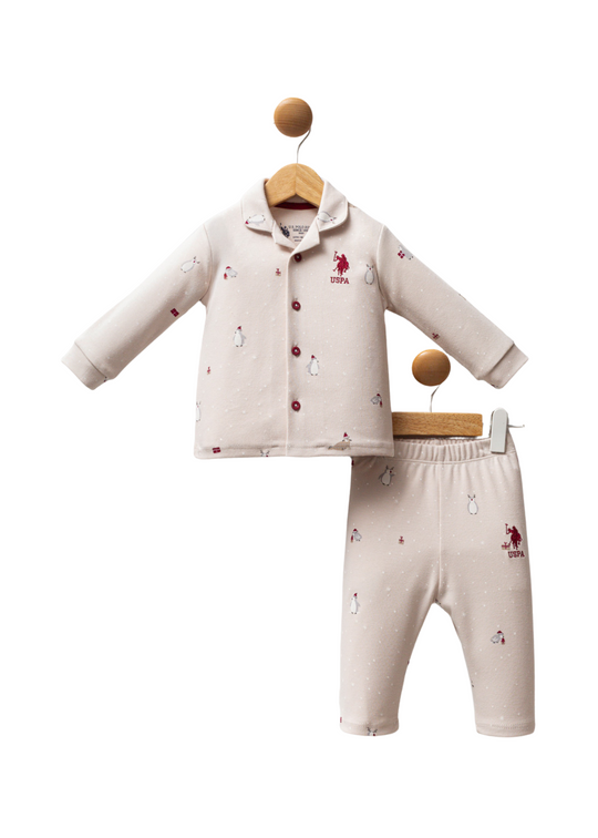 Pijama 2 Piese Bej cu Imprimeu Pinguini USB2532 Us Polo Assn