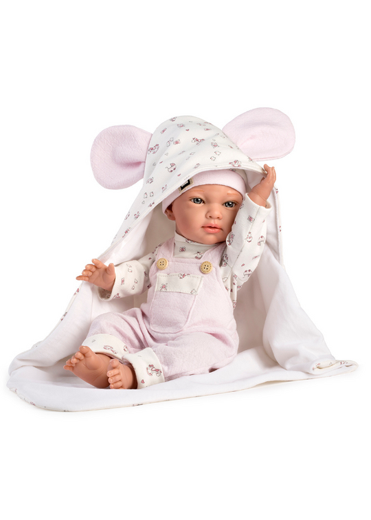 Noemi Baby Doll, 42 cm Pink Overalls and White Blouse with Pink and Fresh White Print 945 Guca