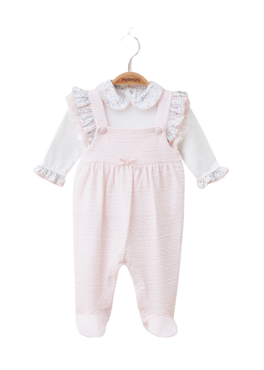 Set 2 Piese Salopeta Lunga Roz si Bluza Crem cu Guler Flori 5437 MyMio