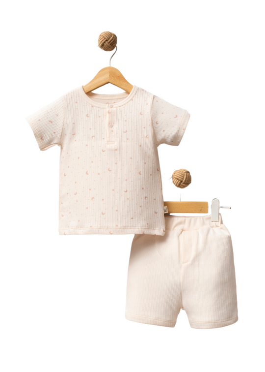 Set 2 Piese Bumbac Organic Bluza si Pantaloni Crem cu Imprimeu Luna si Stele Bej 2019 Bubbles
