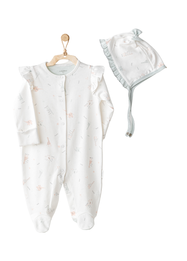 Salopeta Lunga Crem cu Imprimeu Animale si Caciula cu Volan Verde Menta AC25510 Andywawa