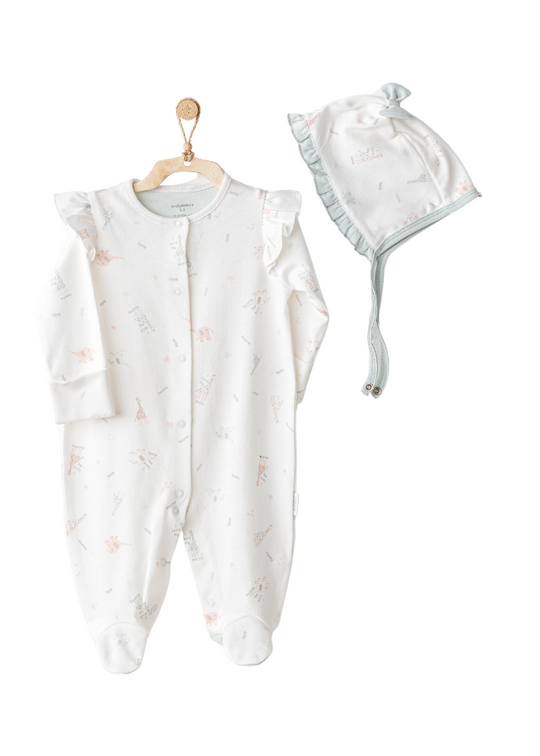 Cream Animal Print Jumpsuit and Mint Green Ruffle Hat AC25510 Andywawa