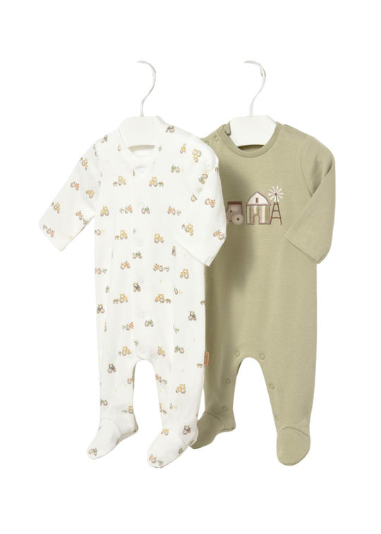 Set 2 Salopete Lungi din Bumbac Crem cu Verde pentru Baieti 2767 – Mayoral