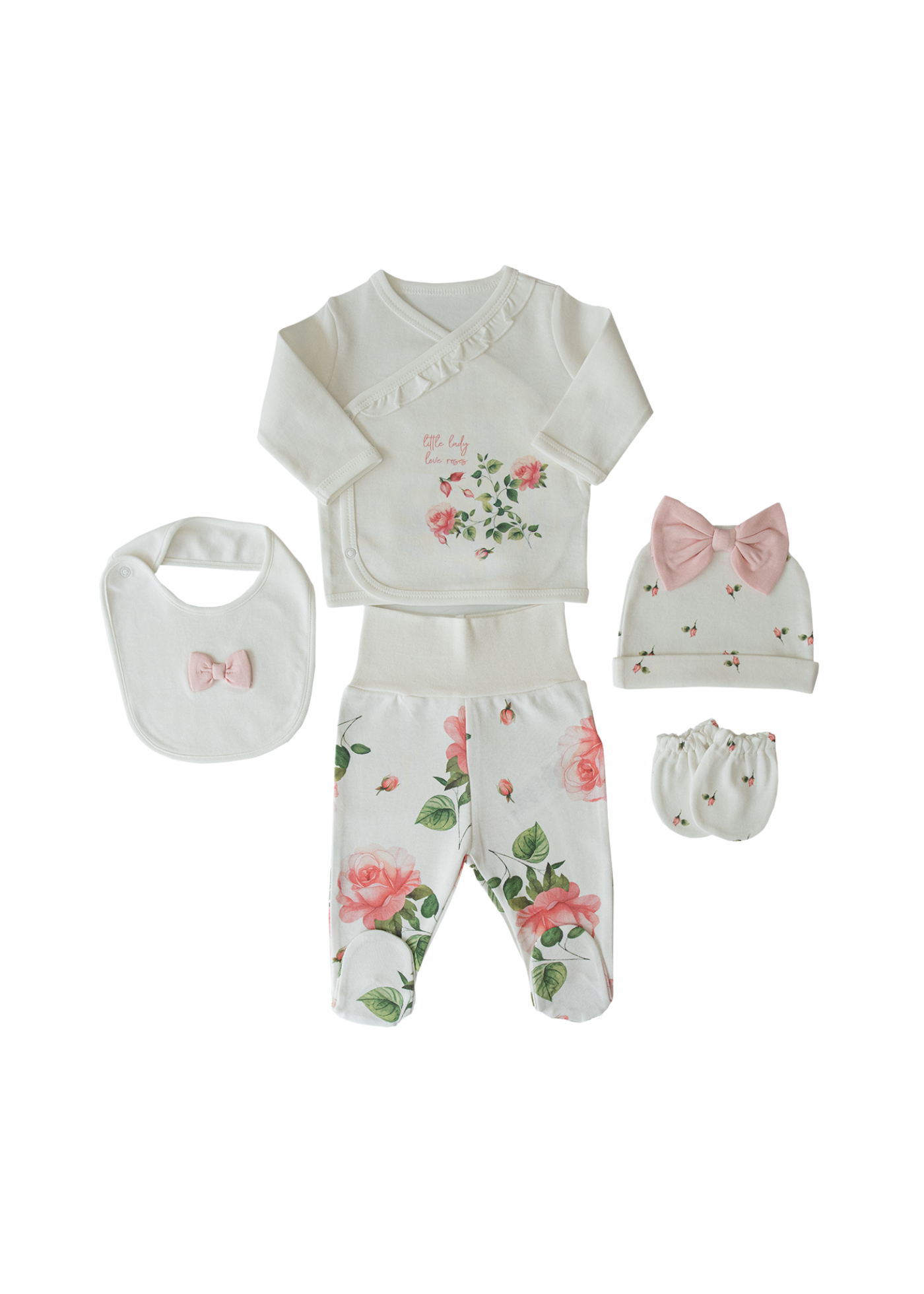 Set 5 Piese Nou Nascut din Bumbac Organic Crem cu Flori S60121 Kitikate