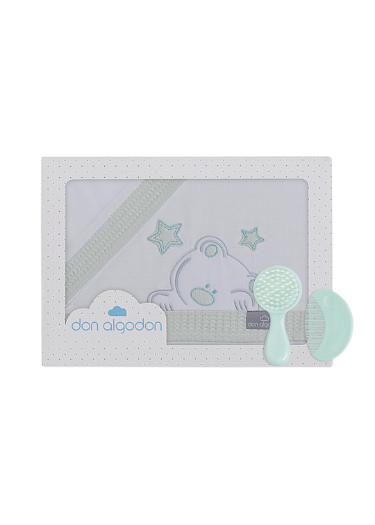 Set Lenjerie Patut 3 Piese Alb-Verde cu Ursulet si Stelute D3185-62 InterBaby