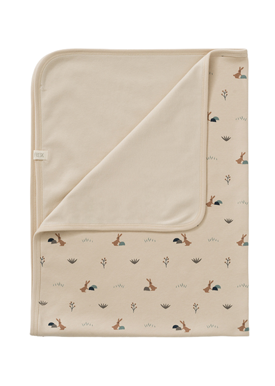 Paturica din Bumbac Organic Bej cu Imprimeu Iepurasi 80x100 cm Sandshell F320-39 Fresk