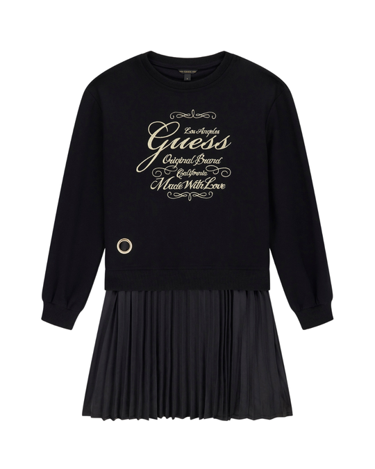 Guess Black Dress with Long Sleeves and Pleated Skirt, style J5BK31 KAUH0 JBLK