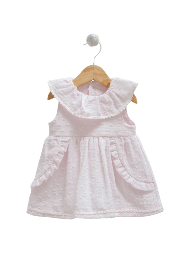 Rochie Roz din Bumbac cu Volan la Guler fara Maneci 9710 Mell Sweet Baby - Camera Bebelusului