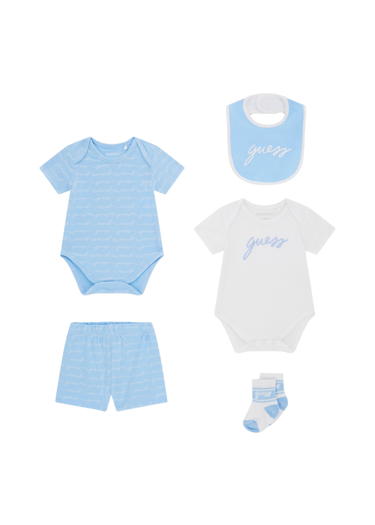 Set 5 Piese Alb cu Bleu, 2 Body, Pantaloni Scurti, Baveta si Sosete H6GW03 K6YW1 P0GC Guess