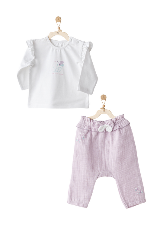 Set 2 Piese Bluza Alba cu Maneca Lunga cu Fluture si Pantaloni Lungi Mov din Muselina AC25578 Andywawa