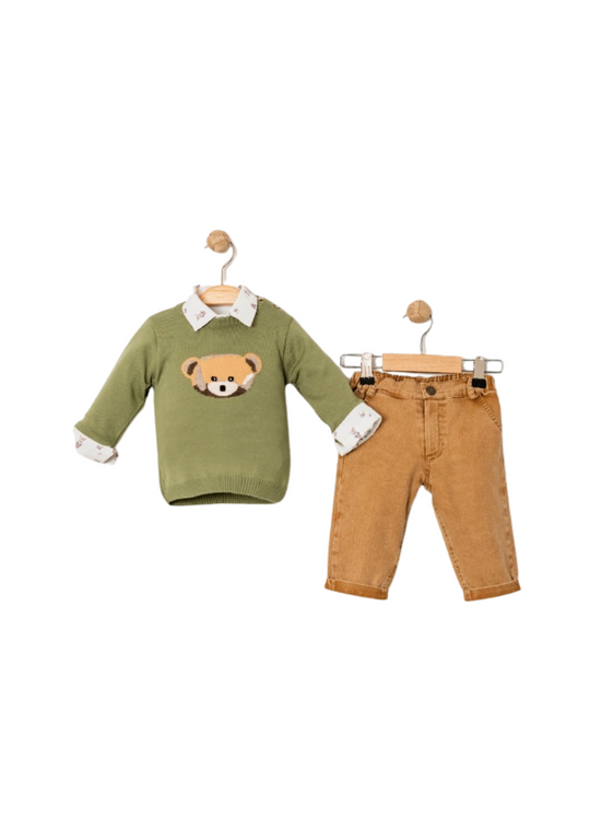 Set 3 Piese Pulover Verde cu Urs Camasa Alba Imprimeu Ursi si Pantaloni Lungi Bej 15055 Bebus