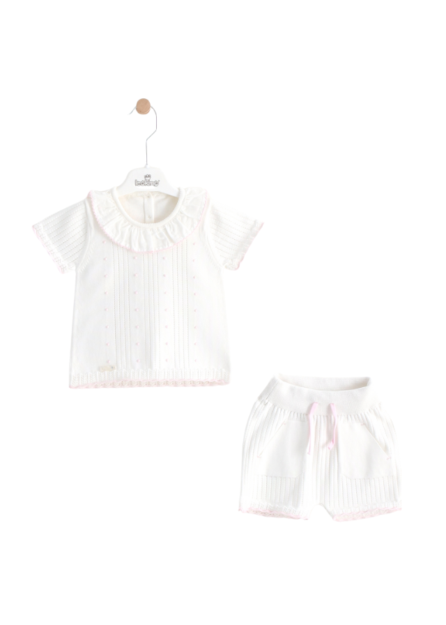 Set 2 Piese Bluza cu Maneca Scurta si Pantaloni Scurti Tricot Alb cu Volan la Guler 8480 Leo King