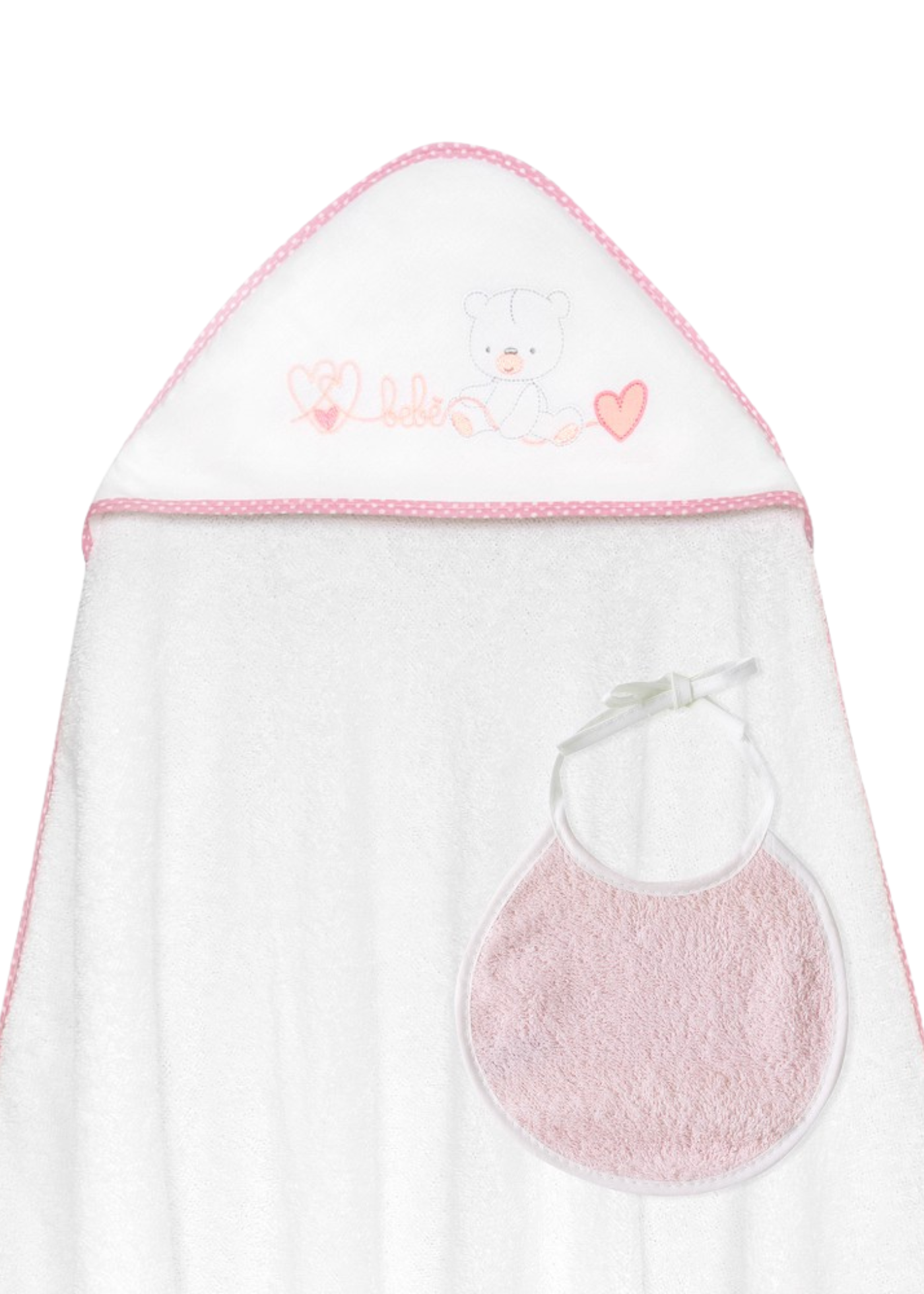 Prosop cu Capison 100x100 cm si Bavetica Alb-Roz cu Ursulet si Inimioare 01249-12 Interbaby