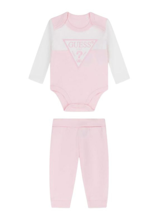 Set 2 Piese Body Maneca Lunga si Pantaloni Lungi Alb cu Roz H6YG04 K4125 G65I  Guess
