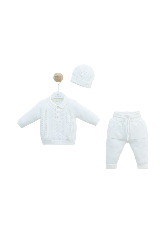 Set 3 Piese Alb Cardigan si Pantaloni Tricotat si Bluza din Bumbac 8547 Leo King