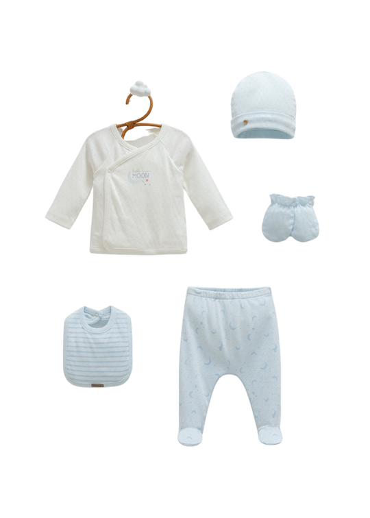 Set 5 Piese Nou Nascut Crem cu Bleu din Bumbac Perforat ZE1543 Mell Sweet Baby