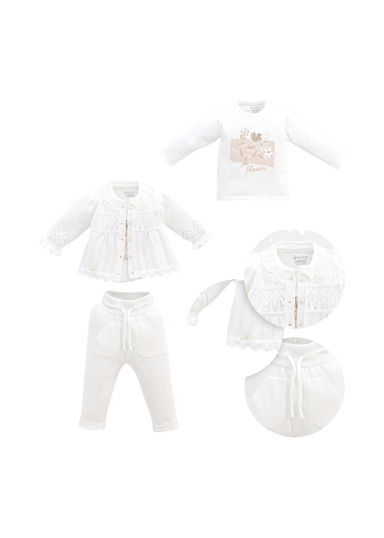 Set 3 Piese Cardigan si Pantaloni Tricotate Alb si Bluza din Bumbac 8556 Leo King
