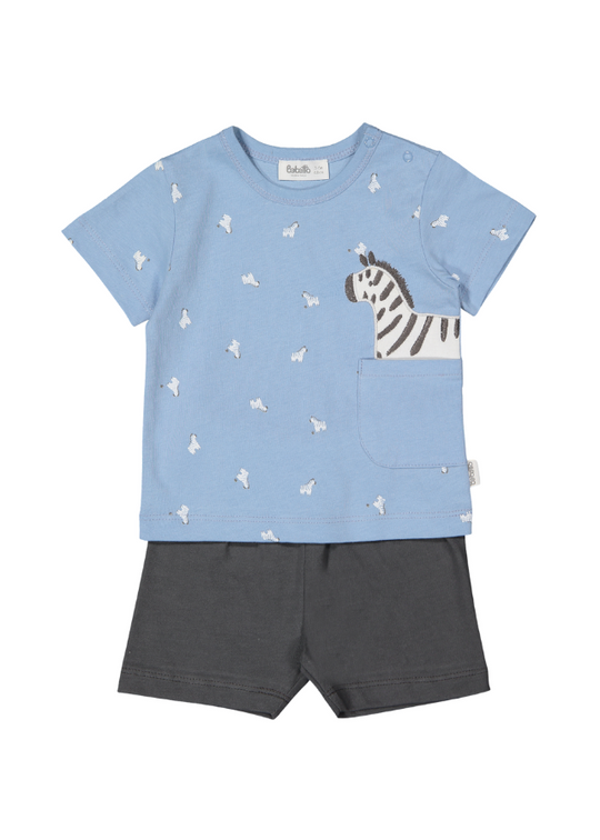 Set 2 Piese Tricou Bleu cu Imprimeu Zebre si Pantaloni Scurti Gri Walking Zebras K4721 Bebetto