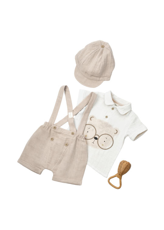 Set 3 Piese Muselina Tricou Crem cu Urs Salopeta Scurta si Sapca Bej CSYM7102 Baby Cosy