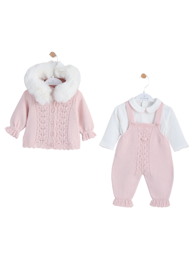 Set 3 Piese Salopeta Roz Lana Merinos Cardigan si Body din Bumbac Alb 9333 Leo King