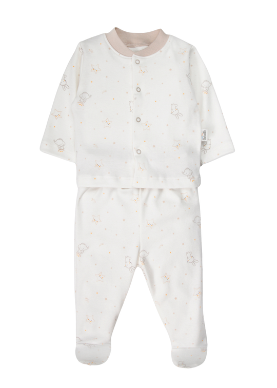 Set de Pijamale din 2 Piese, cu Botosei, din Bumbac, cu Stelute, Iepurasi si Elefantei, pentru Fete F1528 – Bebetto
