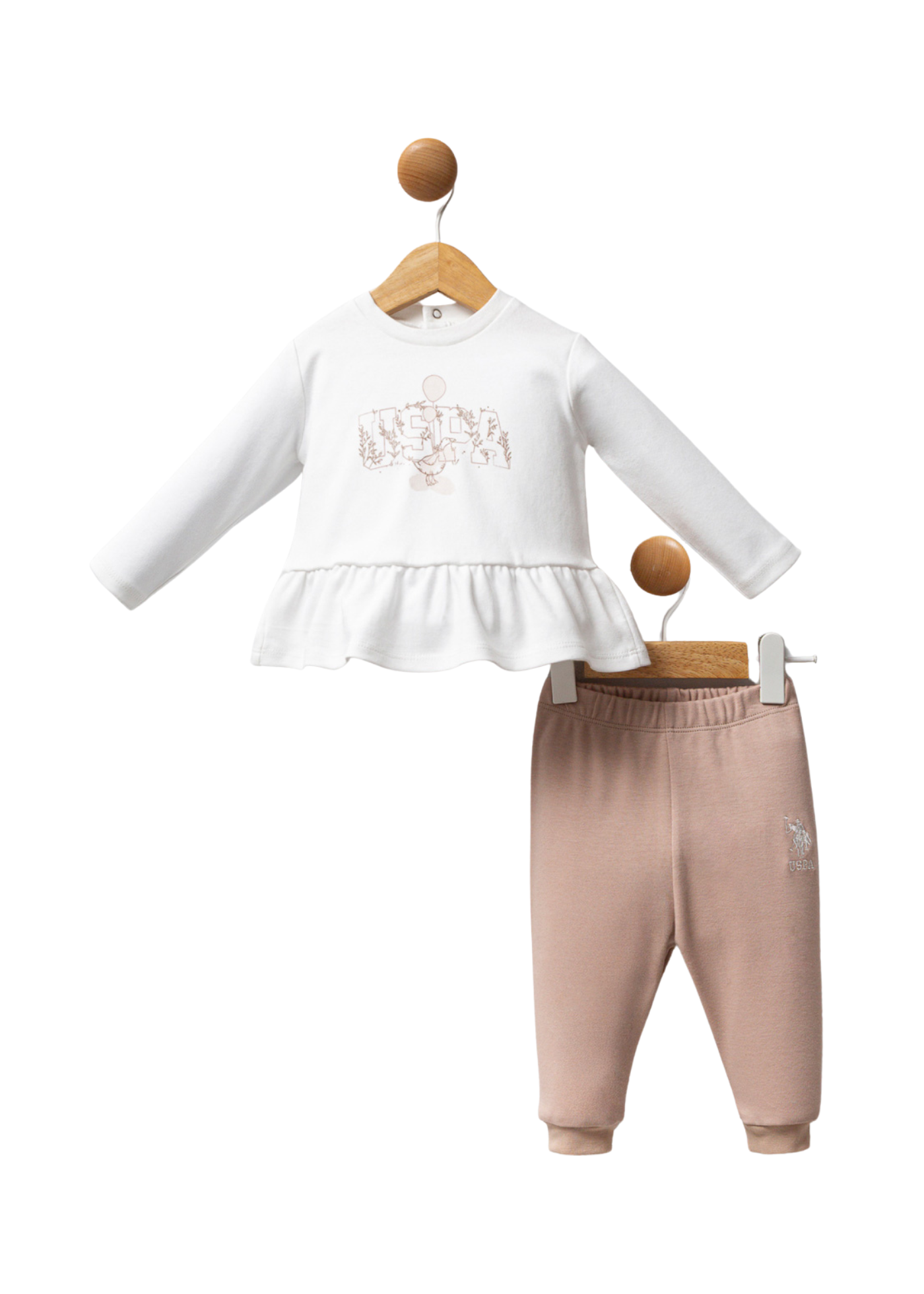 Set 2 Piese Bluza Alba cu Maneca Lunga si Pantaloni Lungi Bej USB2709 Us Polo Assn