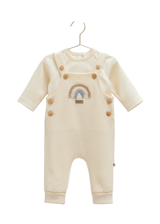 Set 2 Piese Salopeta Lunga Crem cu Curcubeu si Bretele si Bluza cu Maneca Lunga Crem SLE2056 Mell Sweet Baby