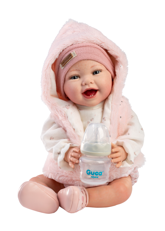 Reborn Elsa, 42 cm, Fara Par, Corp Vinil+Textil cu Costumas Tricotat Alb si Vesta de Blanita Roz 10284 Guca Munecas