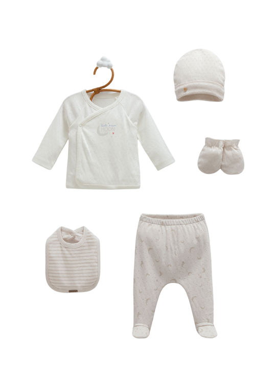 Set 5 Piese Nou Nascut Crem cu Grej din Bumbac Perforat ZE1543 Mell Sweet Baby