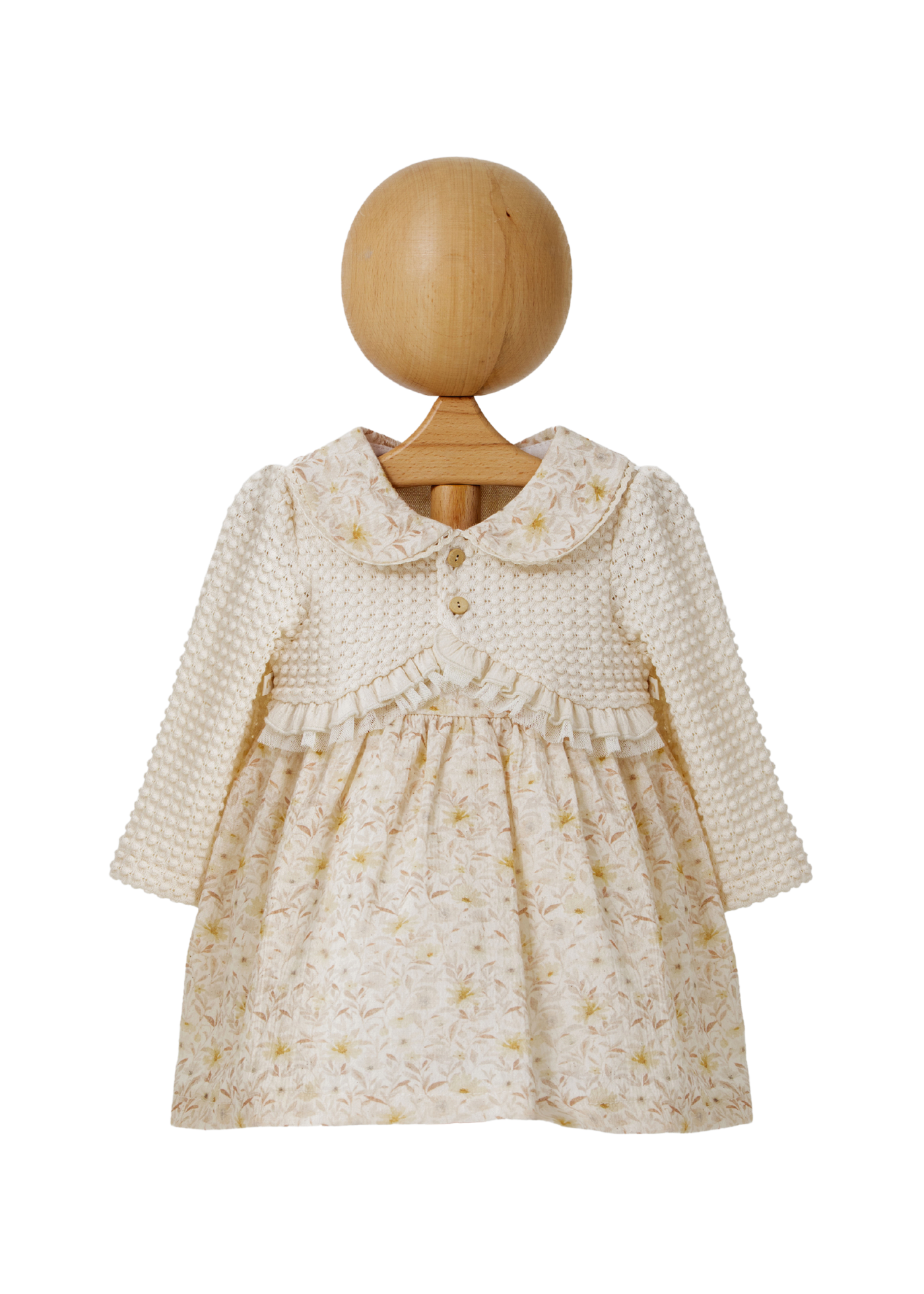 Rochie Bej Imprimeu Flori Galbene cu Design Tip Bolero Crem 4435 MyMio