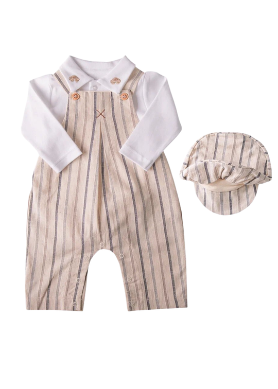 3-Piece Set Long Striped Beige Jumpsuit, Hat, and Shirt S60561 Kitikate