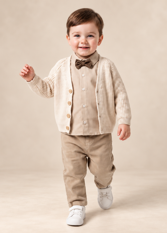 Set 3 Piese Cardigan si Pantaloni Bej cu Camasa Ivory pentru Baieti 4715 – MyMio