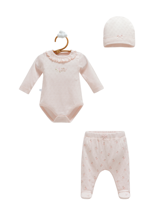 Set 3 Piese Roz din Bumbac Perforat Body, Pantaloni Lungi si Fes BPS1536 Mell Sweet Baby