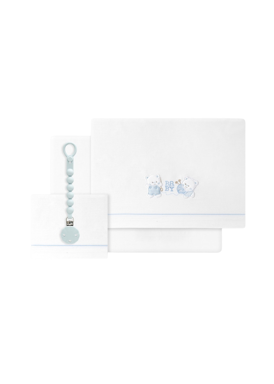 Set Lenjerie Patut 3 Piese Alba cu Ursuleti Bleu 03340-11 – Interbaby