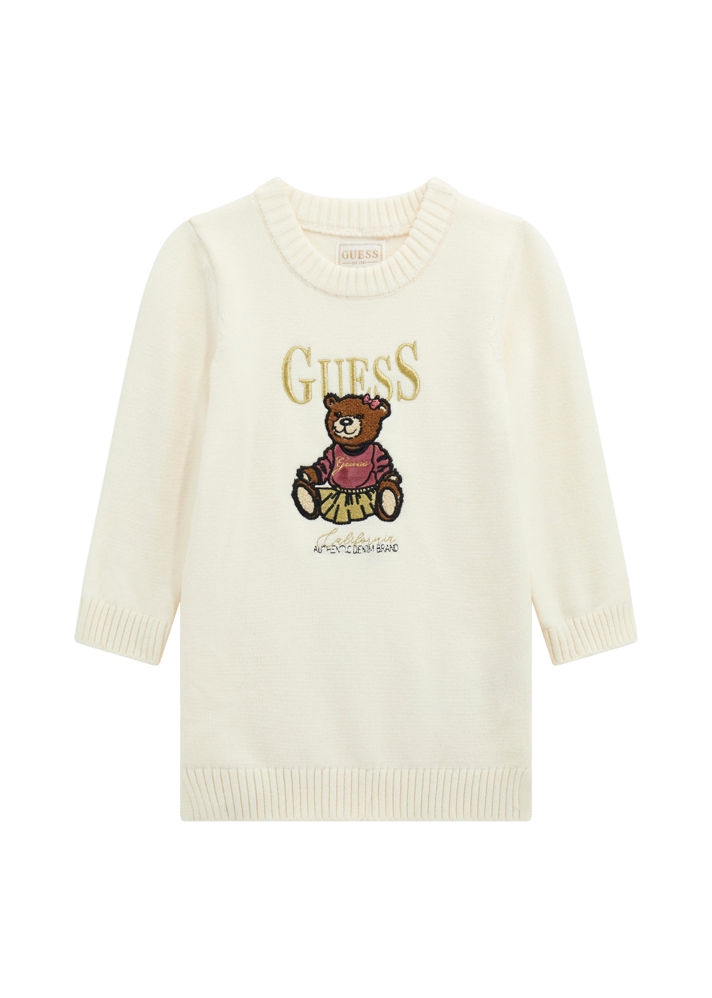 Rochie Tricotata cu Maneca Lunga Crem si Urs K5BK01 Z3GS0 G012 Guess