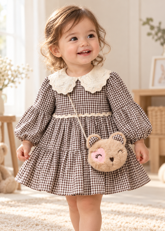 Rochie in Carouri Maro cu Maneca Bufanta si Guler din Dantela Crem 3926 – MinoBaby