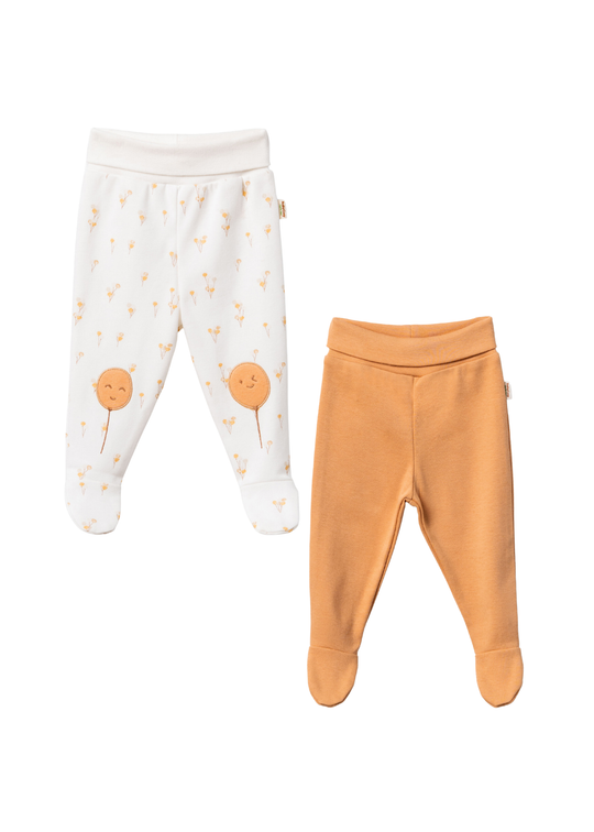 Set 2 Perechi Pantaloni Lungi din Bumbac Organic Crem cu Baloane Portocalii CSY3055 Baby Cosy