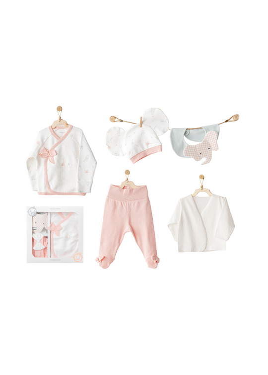 Set 5 Piese Nou Nascut Crem cu Roz cu Elefant AC25500 Andywawa