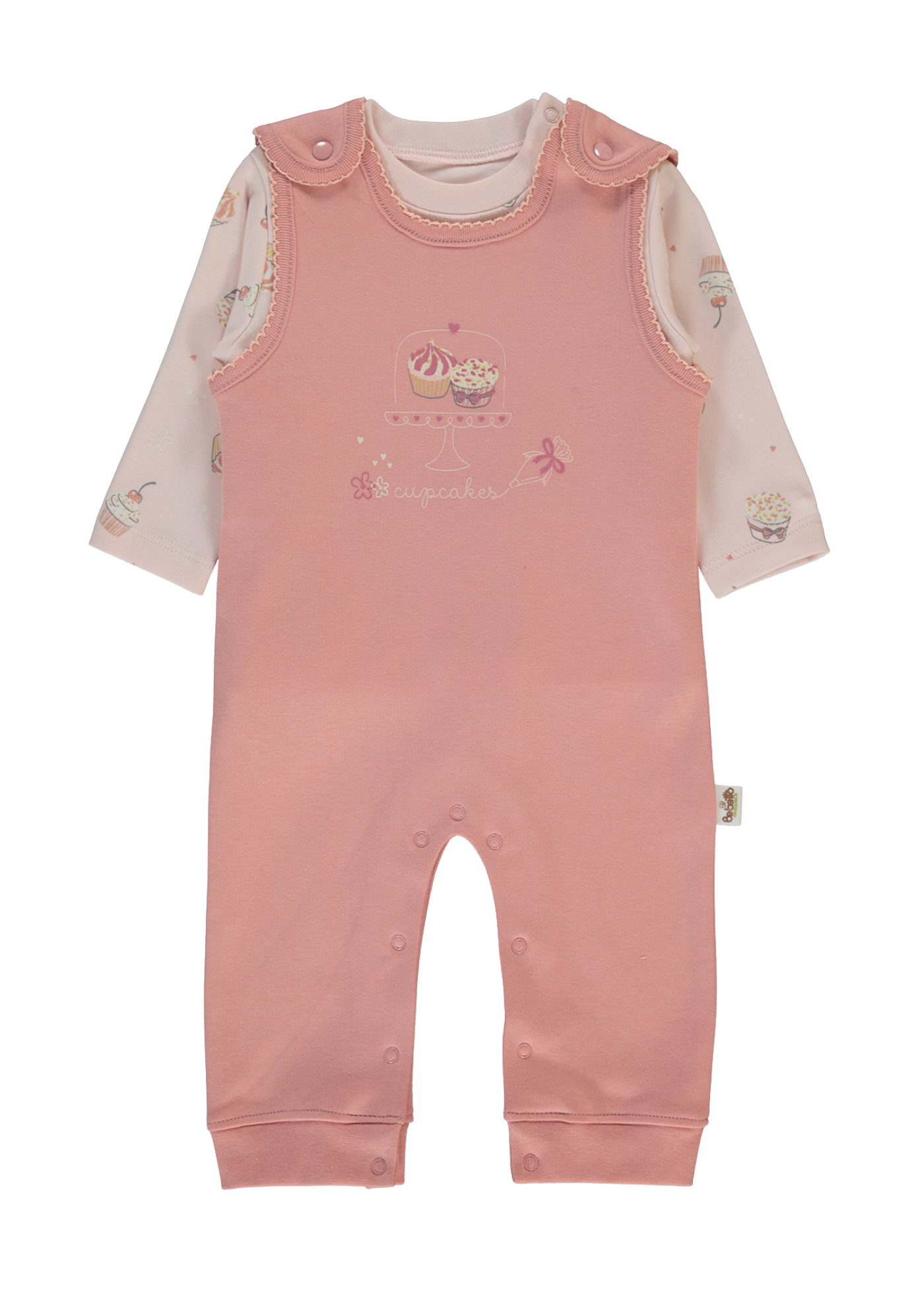 Set 2 Piese Salopeta Lunga Roz Pudra si Bluza Roz cu Maneca Lunga cu Briose K5065 Bebetto