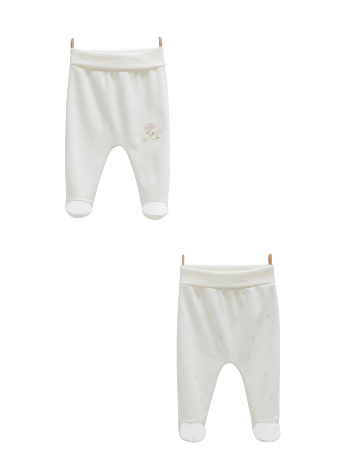 Set 2 Perechi de Pantaloni din Bumbac cu Picior Crem cu Flori APK1485 Mell Sweet Baby