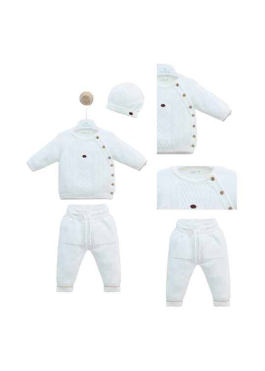 Set 3 Piese Tricotat Alb Bluza, Pantaloni si Fes 8552 Leo King