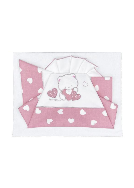 Set Lenjerie Patut 3 Piese Alb-Roz cu Ursulet si Inimioare D70 Andy&Helen