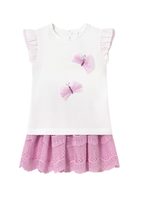 2-Piece Set Butterfly T-Shirt and Pink Tulle Skirt with Embroidery Ruffles 1929 Mayoral