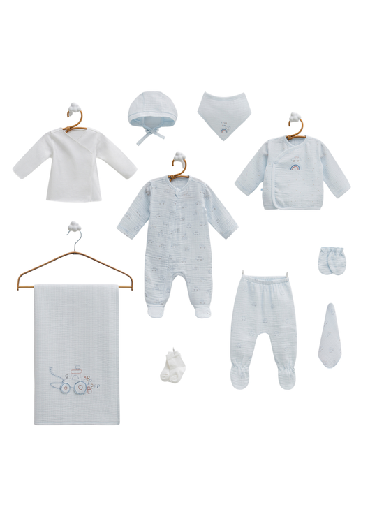 Set 10 Piese Maternitate Muselina Bleu cu Masini First Car ZE2480 Mell Sweet Baby